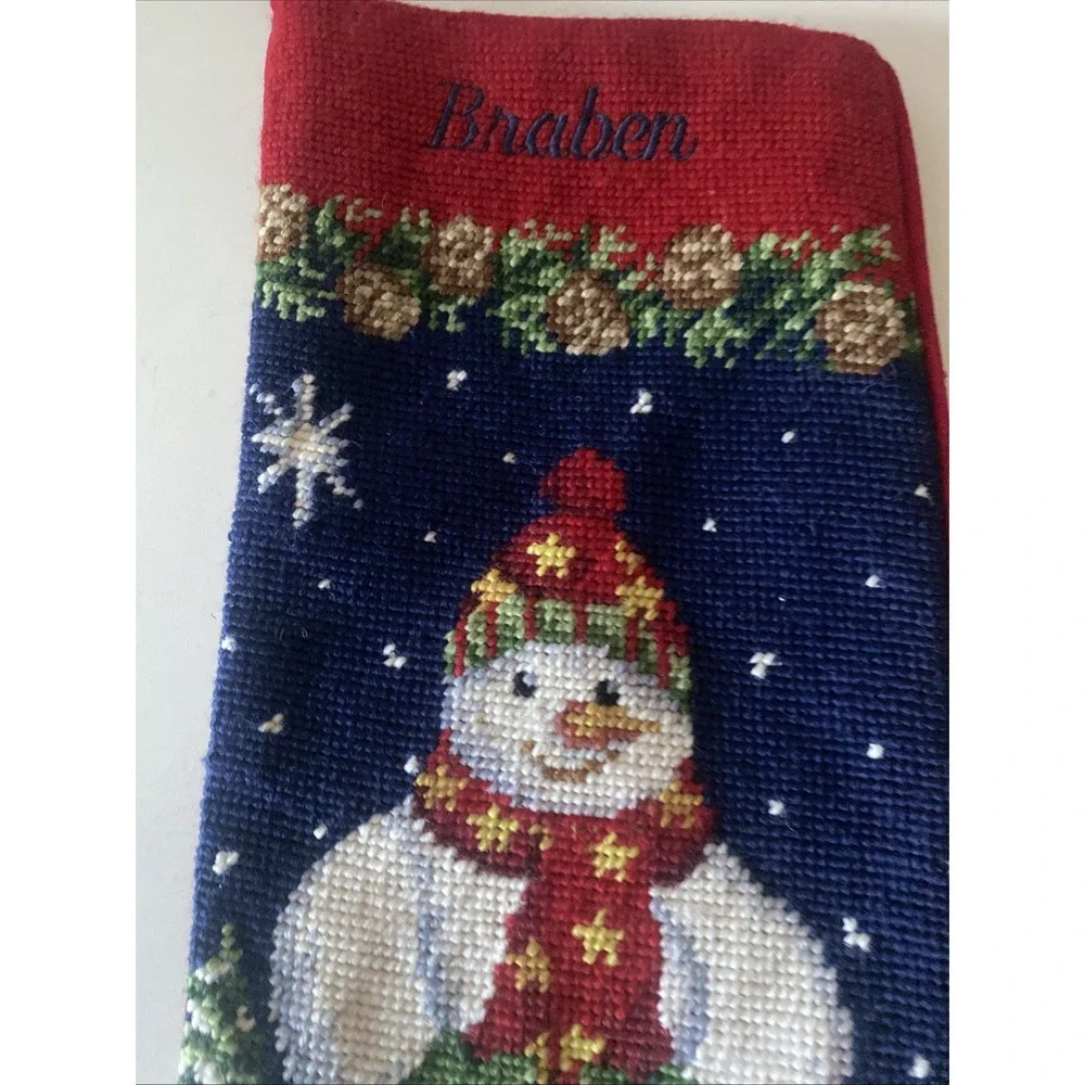 Christmas Snowman Lot of 2 Stockings Wool Needlepoint By Hand Red Velvet